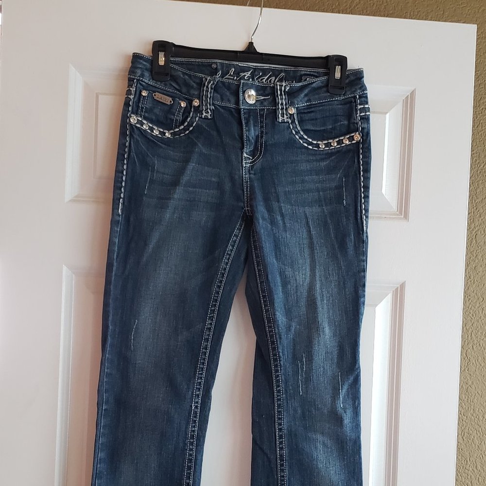 L.A Idol Juniors Mid-Rise Bootcut Rhinestone Pocket Jeans
